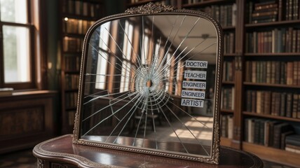 Antique mirror with a shattered surface reflecting a dimly lit library, featuring labels of various career paths attached to the cracked glass, symbolizes life choices and potential