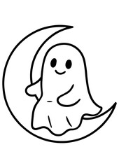 Obraz premium Cute ghost in a sheet sitting on the moon. Black and white vector perfect for engraving, print, logo, book illustration, and creative projects