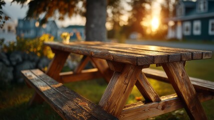 Fototapeta premium Rustic wooden picnic table in serene outdoor setting with warm sunset glow and nature backdrop