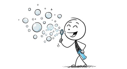 Whimsical stick figure joyfully blows shimmering bubbles into the air in delightful cartoon