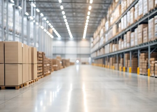 A stunning image of blur warehouse factory storage background, Shipping merchandise in warehouse storage room background, Blur factory and products with bokeh light backdrop.