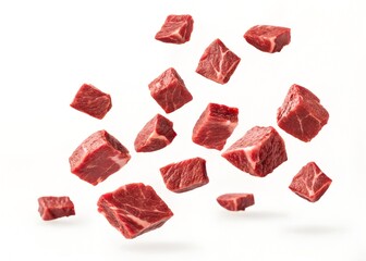 Pieces of beef are flying isolated against a white background