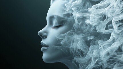 Female head dissolving into smoke for surreal artistic concept dream mystery creative expression monochrome profile