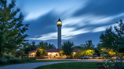 Obraz premium Minaret: Night Sky, Illuminated Tower