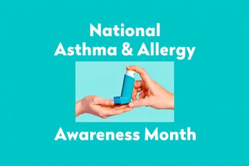 Asthma and Allergy awareness month, Hands pass an inhaler.