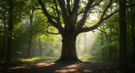 Fototapeta premium Majestic Tree Standing in Forest Sunlight with Green Leaves