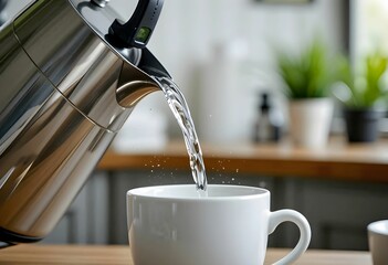 silver kettle pouring water into white cup close up