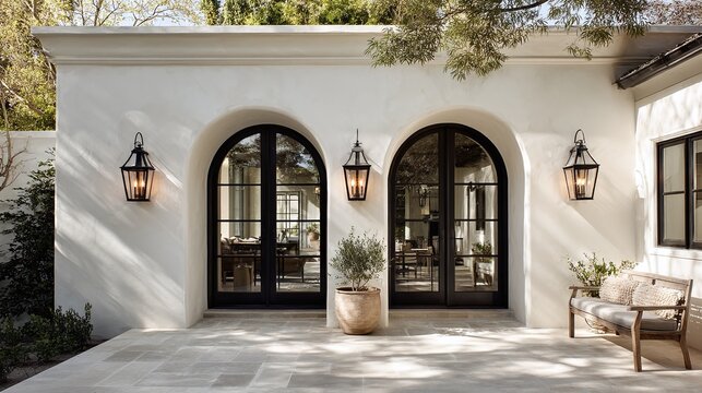 Elegant architectural detail of a building exterior featuring arched doorways, lanterns, and neutral color palette creates inviting space.