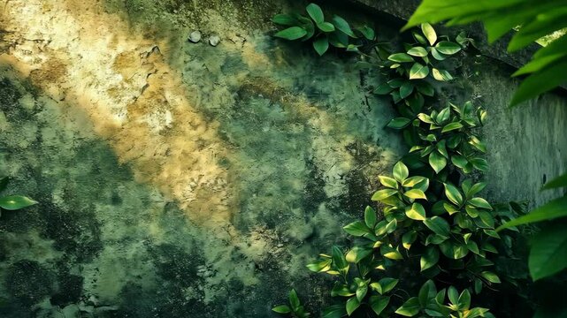 Sunlit wall with lush green vines, textured surface
