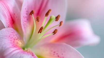 Fototapeta premium In the open pink lilies, a close-up of the central stamens and pistils, the soft-focus delicate petals create a dreamy atmosphere, embodying the concept of floral elegance and natural art.
