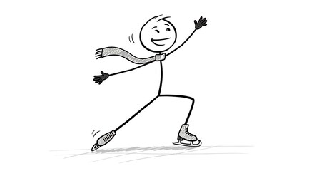 Whimsical stick figure skating joyfully on ice with scarf and winter attire