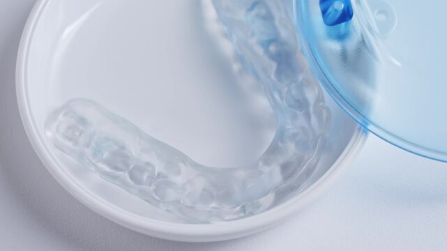 Close up of dental splints for the treatment of bruxism, malocclusion, and for relaxing jaw muscles. High quality 4k footage