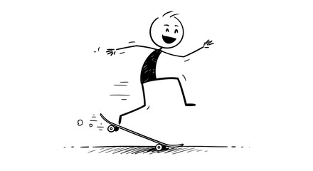 Cartoon stick figure energetically skateboarding with a joyful expression