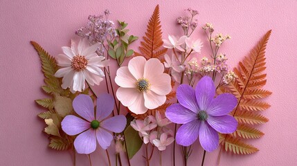 Floral arrangement on a pink background showcasing pastel-colored blooms and foliage in a decorative display, perfect for spring or nature-themed projects.