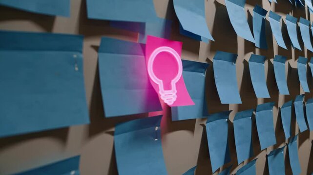 Blue sticky notes cover long office wall while one pink icon glows, team shifts sticky notes to organise tasks, bright idea sparks among sticky notes rows. concept task planning