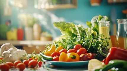 Fresh vegetables and herbs on kitchen counter for cooking healthy lifestyle plant-based organic ingredients meal
