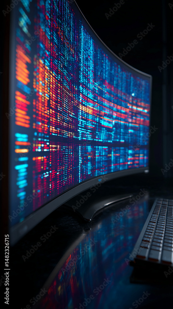 Poster curved monitor displaying colorful code, reflecting on dark surface near keyboard, showcasing techno