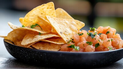 Tortilla Chips with Salsa in a Black Bowl