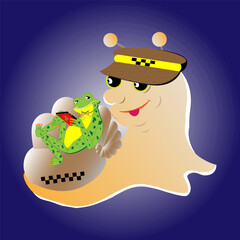 Funny taxi driver snail & smart frog. Vector graphics.
