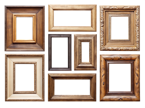 blank vintage wooden picture photo frame set coll on white background, PNG