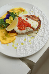 Seafood lunch with lobster and golden potatoes