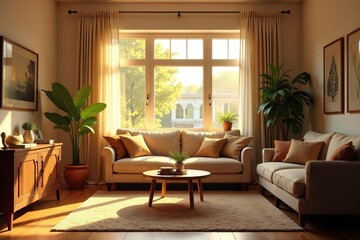 Warm sunlight streams through a window, illuminating a cozy living room, welcoming atmosphere , sofa, domestic space