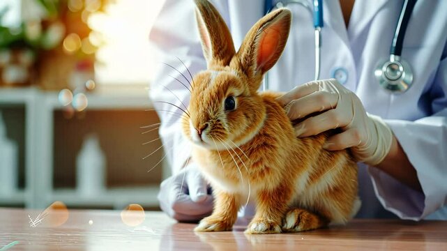 Gentle Examination: A veterinarian tenderly examines a fluffy rabbit in a sun-drenched setting, highlighting the care and compassion involved in animal healthcare. 