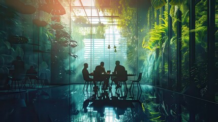 Silhouetted figures meeting at a table in a lush indoor garden office space with glass walls