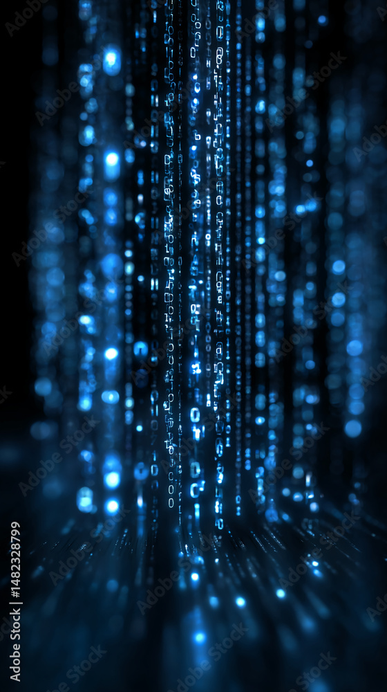 Poster abstract image of blue binary code falling, creating a digital rain effect, symbolizing data flow, t