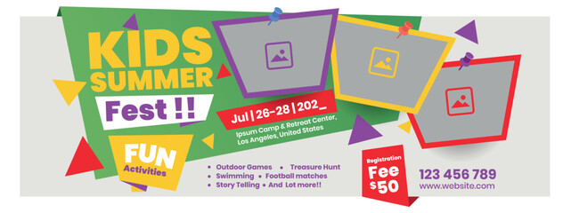 Kids summer fest promotional social media design, summer fest facebook cover with three images stacked on top of each other, kids summer fest registration cover image