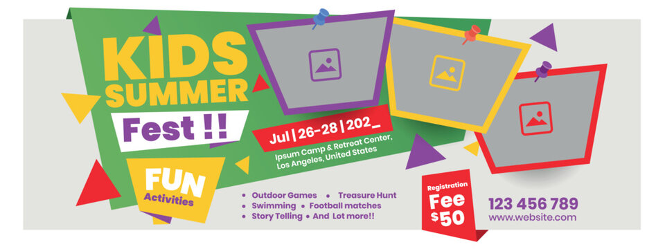 Kids summer fest promotional social media design, summer fest facebook cover with three images stacked on top of each other, kids summer fest registration cover image
