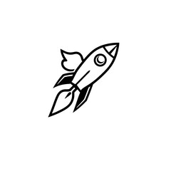 Black and White Rocket Ship Illustration Design Graphic Simple Space Travel Startup Technology Icon Vector Art Image Modern Minimalist Rocket Launching Fast Speed Quick Success Business Branding      