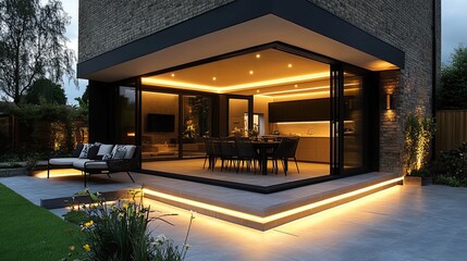 A stylish contemporary patio lit up at night.