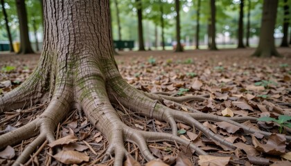 Fototapeta premium Tree roots surrounded by fallen leaves in a forest setting.