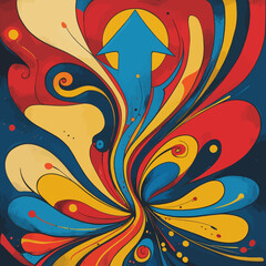 Abstract Colorful Swirls Dynamic Upward Arrow Modern Art Design Vibrant Yellow Red Blue Background Bold Graphic Illustration Creative Energy Growth Success Concept Powerful Visual Artistic Expression 