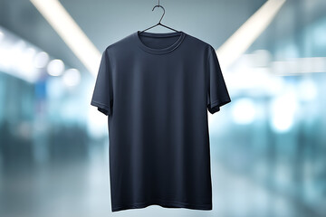 Dark blue t-shirt hanging on a black hanger against a blurred, brightly lit modern architectural backdrop, ready for branding and apparel design showcase