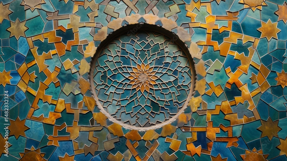 Poster colorful abstract mosaic design featuring intricate patterns and a central circular motif in vibrant