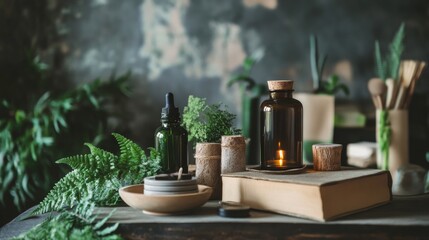 Herbs and bottles on table for home apothecary natural remedy rustic healing vintage organic lifestyle