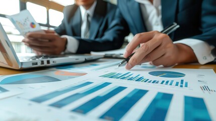 Business team analyzing financial data with charts and graphs in a modern office setting together
