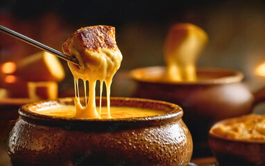 Fototapeta premium Macro photography of gooey cheese fondue, cheese texture, rustic fondue pot, intimate, cozy atmosphere 