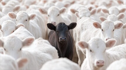 A dark calf surrounded by a sea of white calves.  A visual metaphor for standing out, being unique, or the exception to the norm in an agricultural setting.