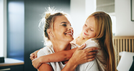 Smile, mother and hug child in bedroom for love, security and playful by bonding together. Happy, family and embrace with girl for support, affection and parental care for childhood growth at house