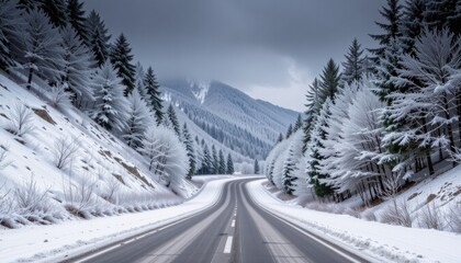 Fototapeta premium Winding road through a snowy forest landscape.