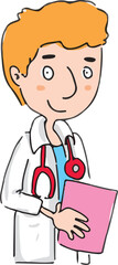 Cartoon doctor man holding a file.