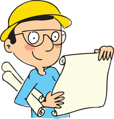 Cartoon civil engineer, architect man. Civil engineer, architect man holding a project in his hand.