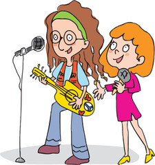 Cartoon pop music band. Singing man and woman singer. Couple playing guitar and singing. Street musician.