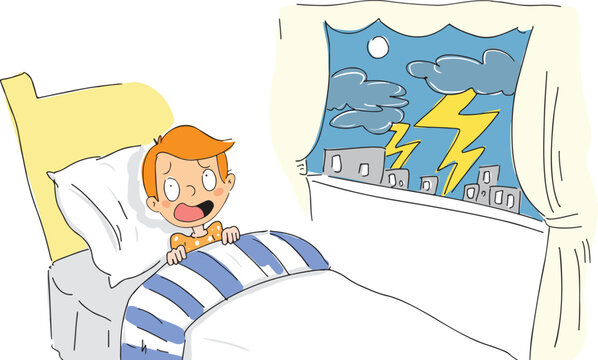 Cartoon little boy is afraid of lightning and thunder. A little boy who can't sleep because of the lightning and thunder.