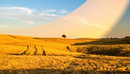 Golden wheat fields under a vast sky rural landscape photography serene environment wide angle view nature's beauty