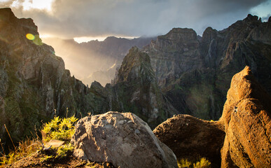 view of the mountains and rocks near Arieiro peak - the highest point of Madeira island, Portugal