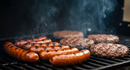 Grilled sausages and burgers on barbecue grill